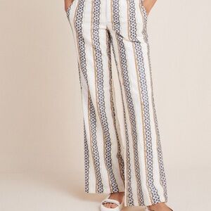 Anthropologie - Embroidered linen Striped Boho Wide Leg High Rise Eyelet Pants